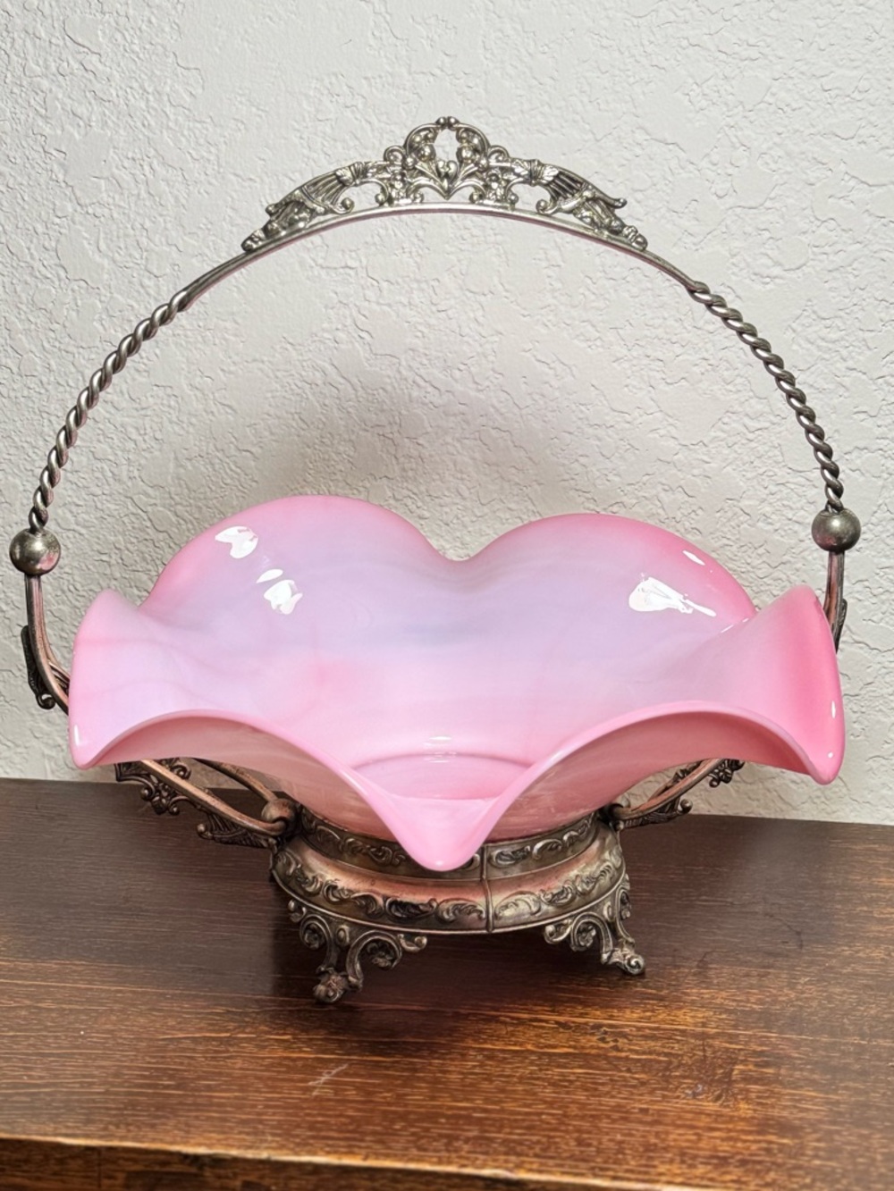 Antique Victorian Pink Opalescent Glass Basket w/Ornate Metal Handle & Base